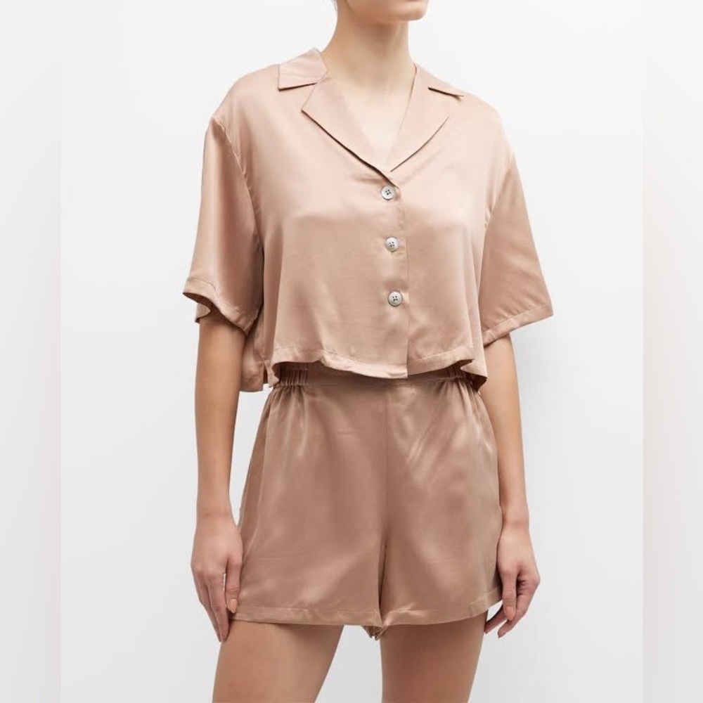 lunya Satin Cropped Button Pajama Set in Blush Taupe